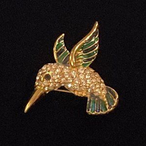Vintage Gold Tone Enamel and Pave Hummingbird Brooch